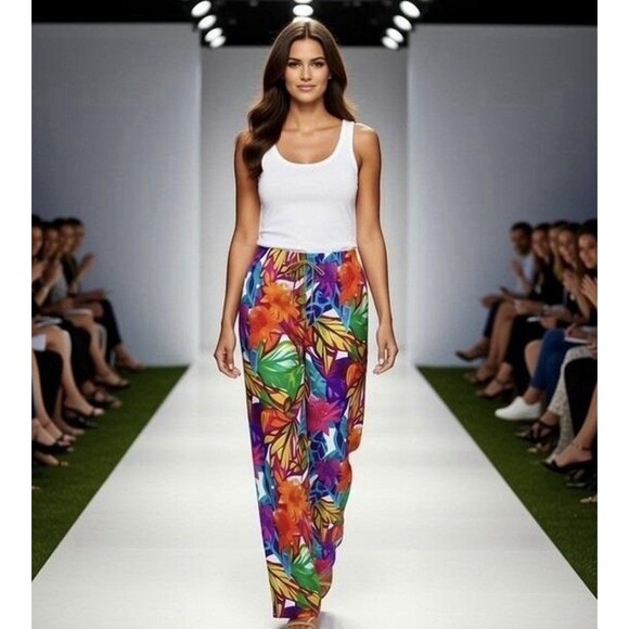 Lauren Ralph Lauren Pants - Ralph Lauren 2X Colorful Floral Tropical Palazzo Pants Elastic Waist Draw String